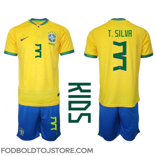Brasilien Thiago Silva #3 Hjemmebanesæt Børn VM 2022 Kortærmet (+ Korte bukser)